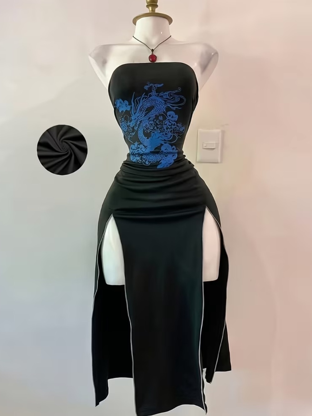 Gothic Mystery Style Blue Dragon Print Crop Top Dress with Double Slit Hem